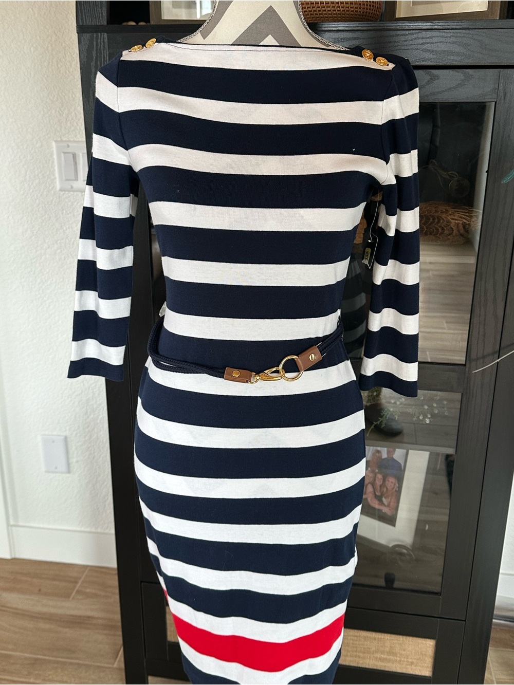 🆕NWT Ralph Lauren Dress Sheath XS P Belted Long Sleeve Cotton Striped White Blue